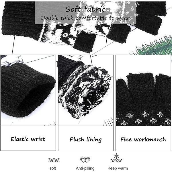 Fawn Jacquard strikkede fingerløse hansker - Varme vinterhansker for kvinner med halvfinger ullhansker Gift-jbk