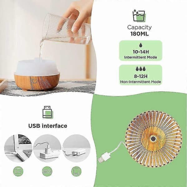 180ML USB Elektrisk Eterisk Olje Diffuser, Mini Luftfukter for Hjem, Kontor, Soverom, Auto Avstenging / 7 Fargelys / Stille