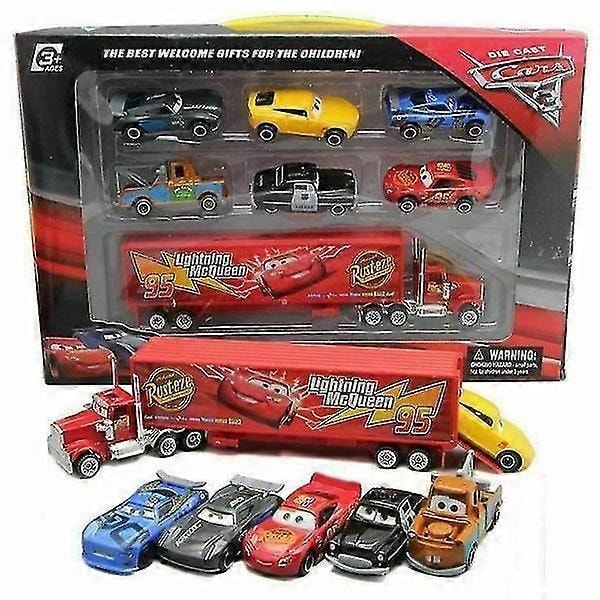 7 stk biler 2 Lightning Mcqueen Racer Car&Mack Truck Set præsenterer - WELLNGS