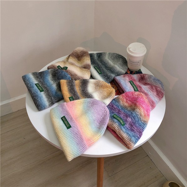 Utendørs personlig varm lue fortykket tie-dye ull strikket lue gradient, røyk og kaffe farge-jbk