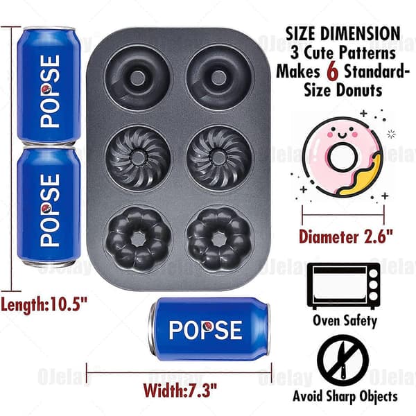 Donutpanne for baking, 6 kopper, 2 pakning, svart, 27,4 cm * 19 cm