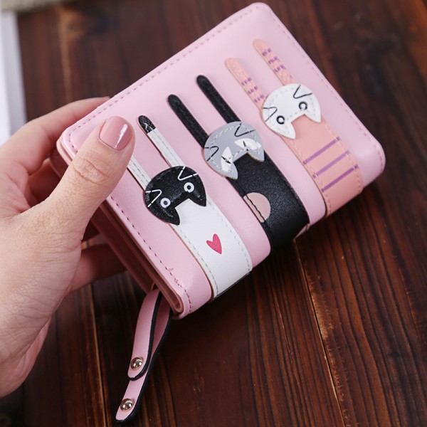 Kort plånbok söt tecknad plånbok med tre katter enkel dragkedja myntväska-jbk Pink