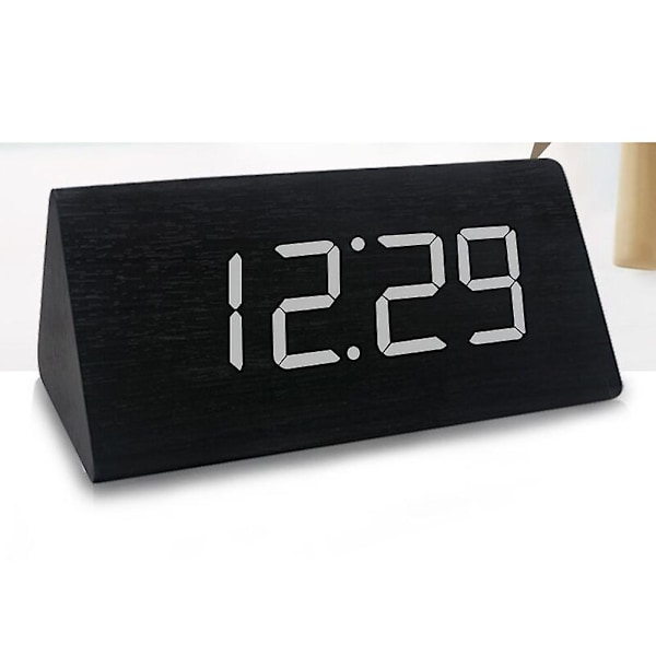 Moderne Trekant LED Trævækkeur Klassisk Digital Lydstyret Bordur Termometer (Sort Træ og Hvidt Lys)