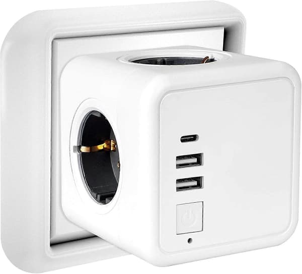 Flera USB-uttag, Kubformad Vägguttag med 4 Uttag och 3 USB-portar, 7 i 1 USB-uttag