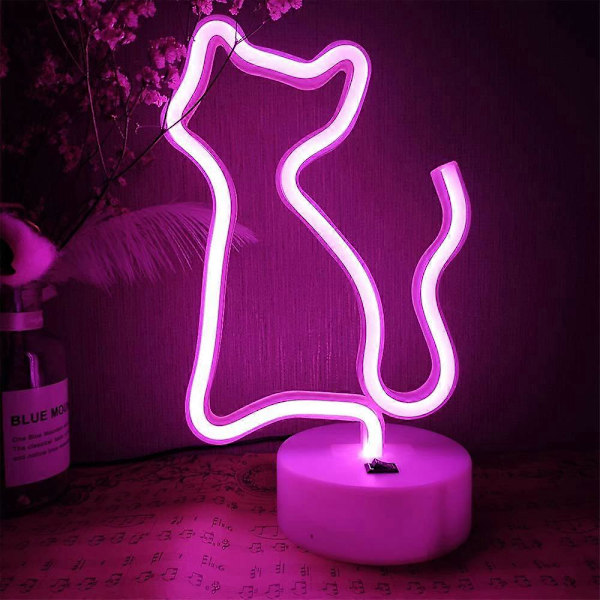 LED Rosa Katt Neonljusskyltar Rumsinredning Neonljus Skylt Nattlampor Inomhusdekor Batteri/USB-driven Ljusskylt Sängbordslampor Neonskyltar