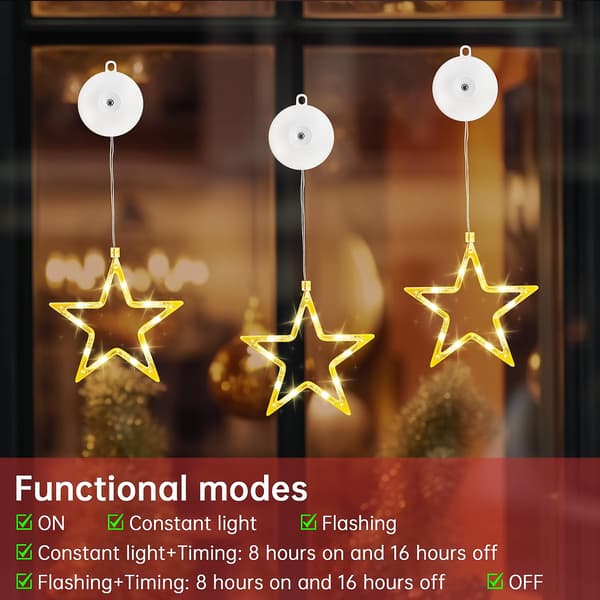 LED Stjerner Julepynt, Pakke med 3, 10 LED Julepynt Inde med Timer, Varmt Hvidt Feelyse Stjerner til Vindue Dekoration, Jul