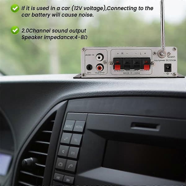 12V Digital Audio Effektforstærker Bluetooth 5.0 HIFI Diskant og Bas Audio AMP 20Wx2 til Hjemmebiograf Klubbil