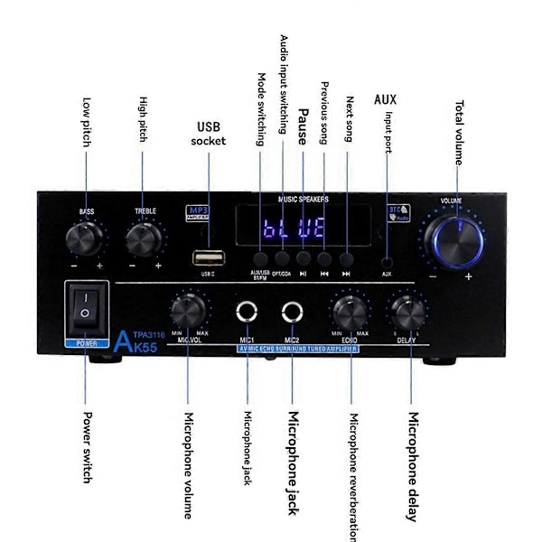 Kotivahvistin AK55 900W Max 2.0 Kanavaa Bluetooth Audio Hifi AMP Karaoke Musiikkisoitin EU