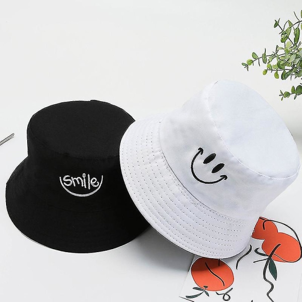 Wekity Bucket Hat Dobbelsidig sommerhatt for kvinner Uformell pottehatt, svart og hvit, smiley
