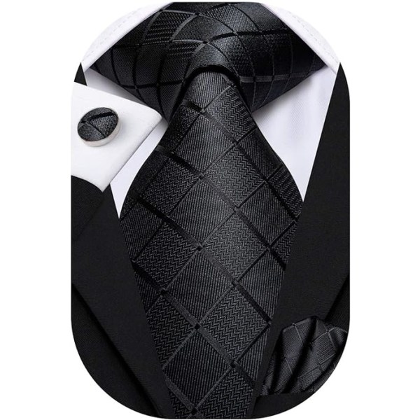 Herre plaid slips klassisk slips med lommetørklæde manchetknapper sæt