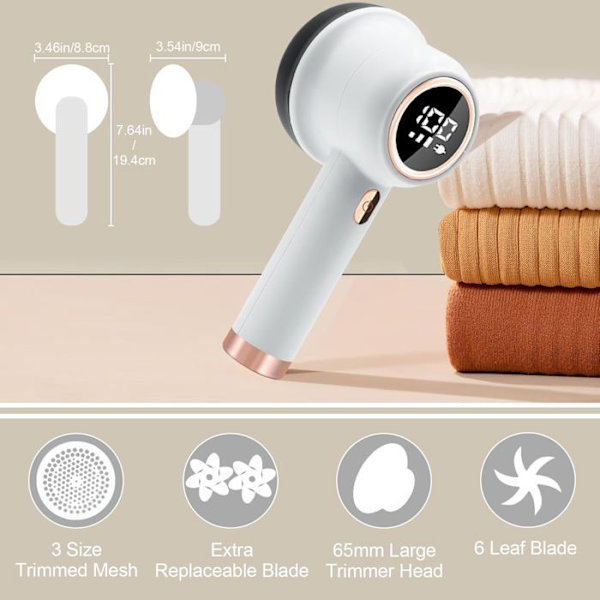 Fnullerfjerner, 3 hastigheder, 6 LED-blade til tøj, sofaer, tæpper og gardiner (etiket)