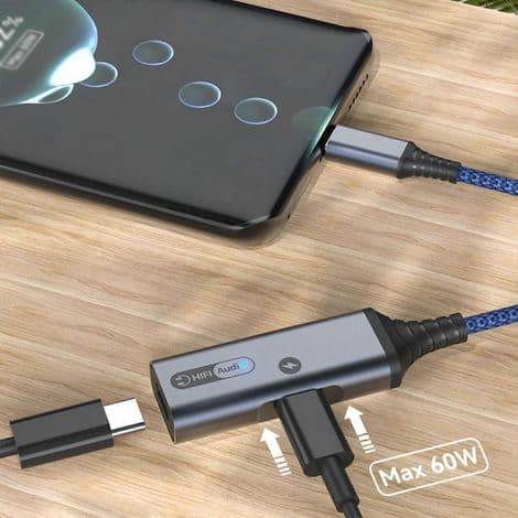 60W USB-C til 3.5mm Jack Audioforstærker PD - Hi-Fi Hovedtelefonadapter - Blå