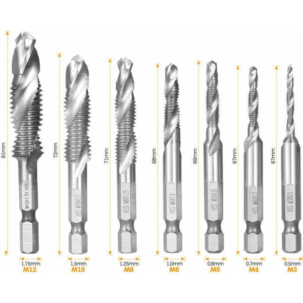 Gevindborebits - 7 HSS Gevindbor/Borebits M3-M12 - 1/4\" Sekskantet Skaft - Hurtigt Skift - Metal