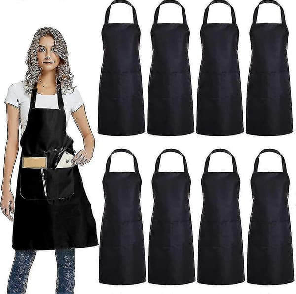 8-pack Förkläden Bulk - Unisex Svart Kommersiellt Förkläde Med 2 Fickor Kök
