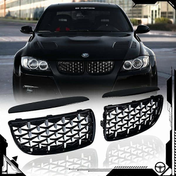 Blank Sort/Krom Diamant Meteor Nyeste Style Grill til - 3 Serie E90 E91 325I 328I 335I Pre-LCI