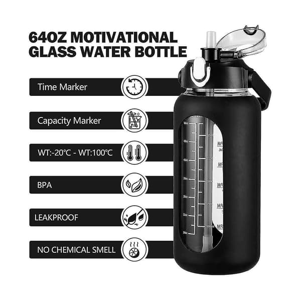64oz Glasvattenflaskor med Sugrör, Glasflaska med Silikonhylsa och Tidsmarkering, För Gym Hem