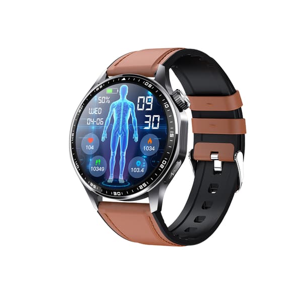 Smartwatch med EKG, pulsmåler, blodtryksmåler og skridttæller, sort og brun læderrem