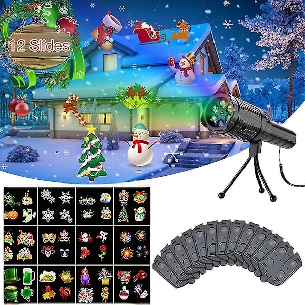 Julelys Projektor med 12 Lysbilleder LED Lommelygte Have Landskab Indendørs/udendørs Julefest Lampe Lys