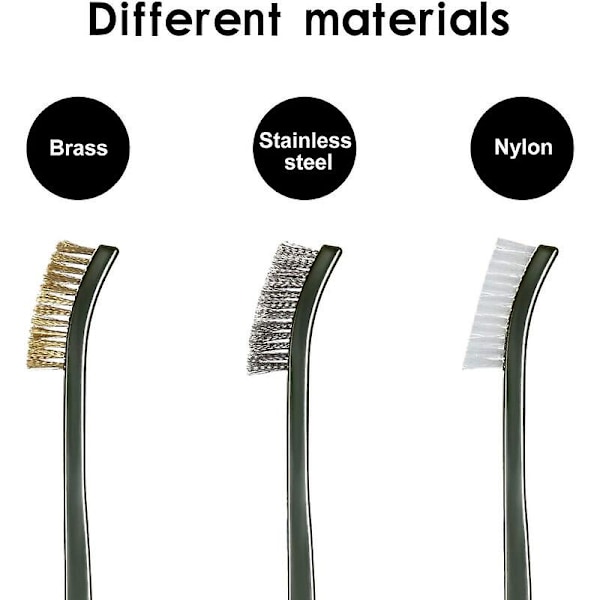 Lankaharjasetti, teräs-, nylon- ja messinkipuhdistusharja, pieni lankaharja kahvalla