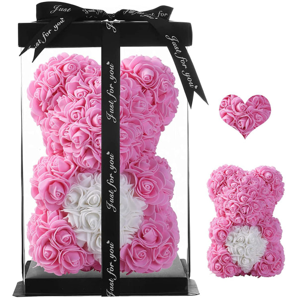 Valentinsdag Simuleret Eternal Rose Bear DIY Love Foam Bear Valentinsdagsgave，pink hvidt hjerte