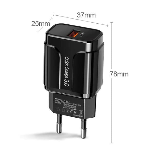 OLAF Qualcomm Quick Charge 3.0 USB Væglader AC Hjemmelader Stik Oplader Adapter - Sort