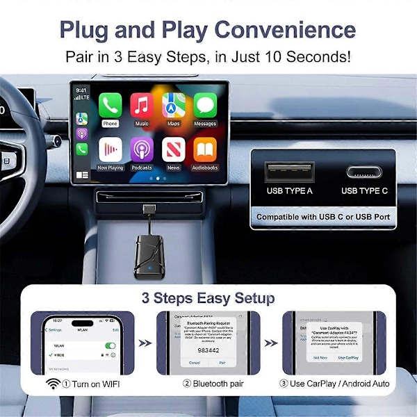 Langaton CarPlay -sovitin - 2-in-1 langaton CarPlay ja Android Auto, muuntaa langallisen langattomaksi CarPlayksi