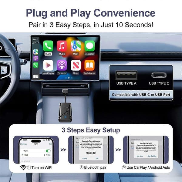 Trådløs CarPlay-adapter - 2-i-1 trådløs CarPlay og Android Auto, konverterer kablet til trådløs CarPlay
