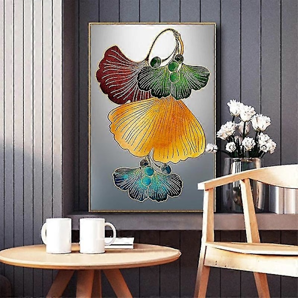 Sett med 3 Plakat Veggkunst, Ginkgo Linje Gullblad Kunst Maleri Trykk