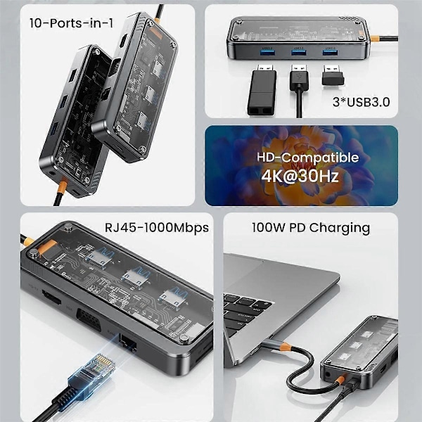 10-i-1 USB C-hubb, Ethernet USB-C Multiport Adapter, USB C Adapter Dockingstation för Pro/Air PC Laptop