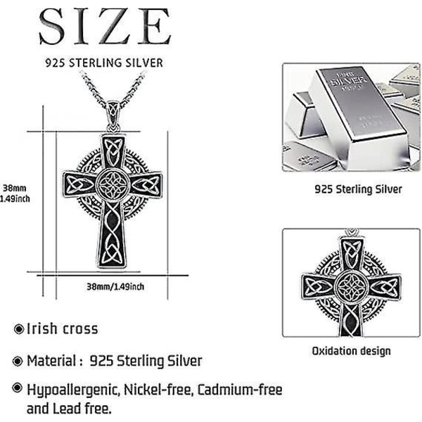 Irish Celtic Cross Halsband 925 Sterling Silver Cross Pendant Halsband Celtic Viking Smycken Religiös Skyddsgåva Kompatibla Män Kvinnor Boys_Newwa
