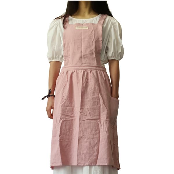Linen Cotton Apron - Cross-back Style for Art, Cafe, and Work, Comfortable and Protective Pink