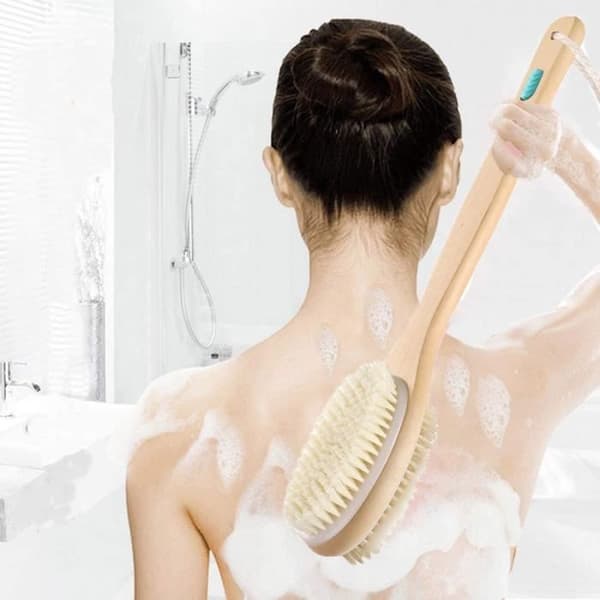 Eksfolierende børste - PEELING - 43 cm - Beige - Villsvinbust - Langt trehåndtak