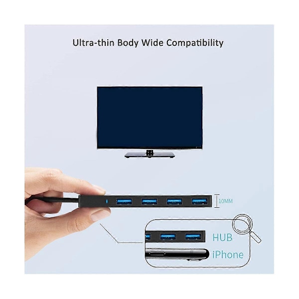 4-ports USB-hub, USB 3.0 Hub USB-splitter USB-ekspander for bærbar PC, flash-stasjon, HDD, konsoll, skriver