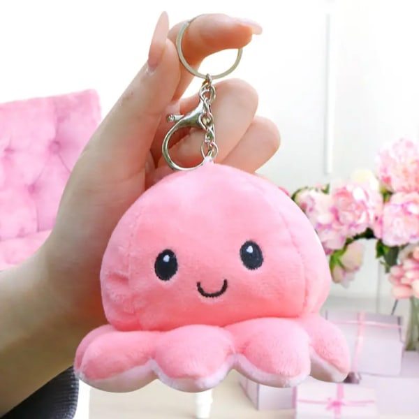 1 stk. Mood Flip blæksprutte, 3 tommer/7,62 cm plys nøglering dekoration, pige håndtaske ornament, børne skoletaske vedhæng, par nøglering pink