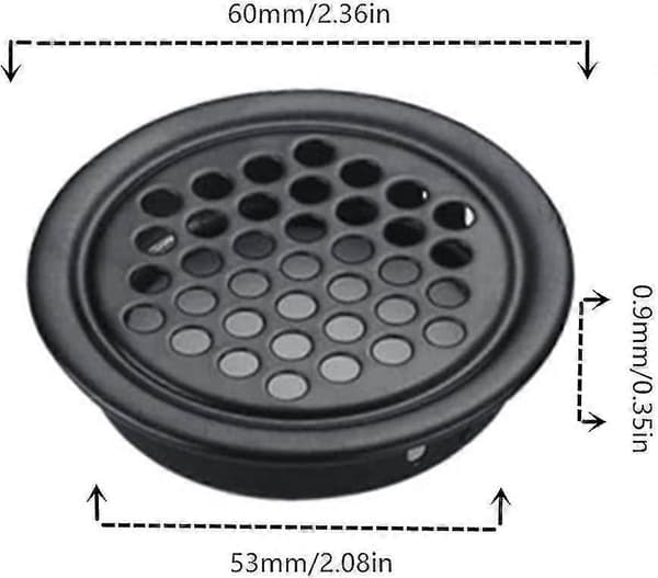 Sett med 8 runde ventilasjonsgitter i rustfritt stål, 53 mm, svart