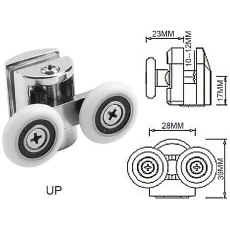 Sett med 4 doble ruller - for skyvedører til dusj, 2 x 23 mm diameter sinklegeringshjul til baderom