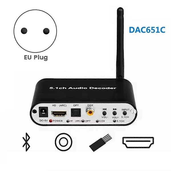 DAC651C 5.1 Audio Decoder Bluetooth 5.0 Receiver DTS AC3 FLAC APE HD til Kompatibel Extractor Converter EU Stik