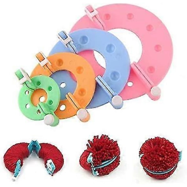 Pompom-valmistaja, muovinen pörröpallo-neulepuikko, villalangan neulontatyökalusetti (pinkki, sininen, oranssi, vihreä) (4 kpl)