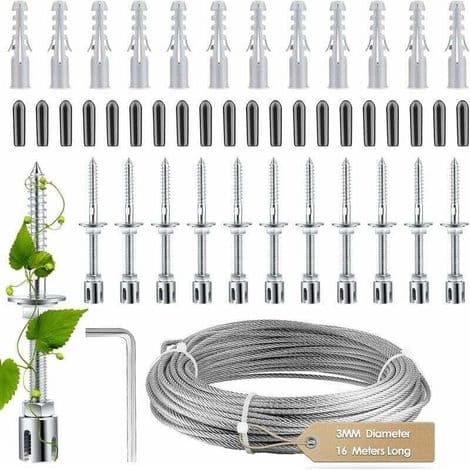 Växtstöd för Klätterväxter - Komplett Kit i Rostfritt Stål med Väggfäste och Rep - 3 mm Diameter - 16 m Längd