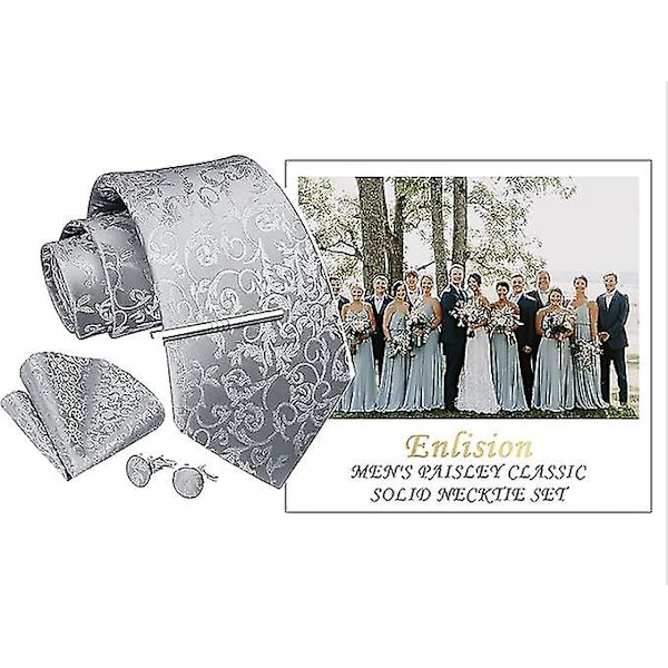 Solmiot miehille, muodollinen hääsolmio, klassinen kukkakuvioinen kudottu jacquard-taskuliina, kalvosinnapit solmiopidikkeellä -setti