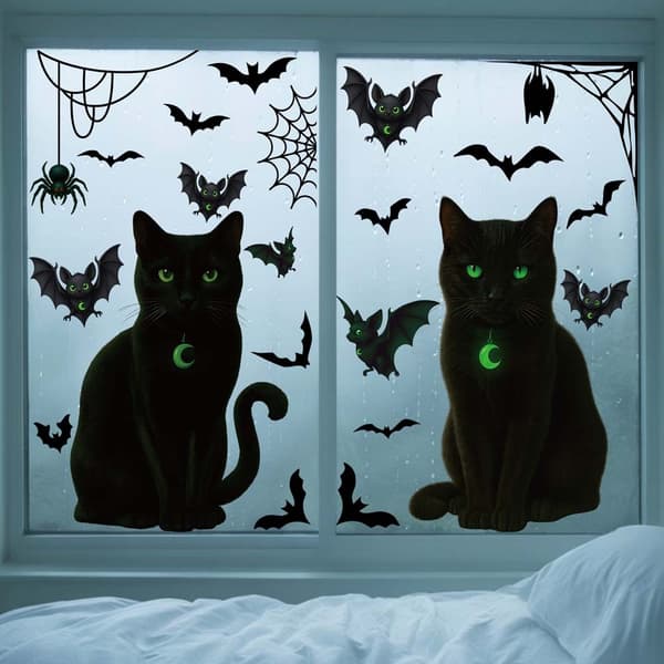 Black Cat and Bat Static Window Cling - 2-pack, Halloween Decoration