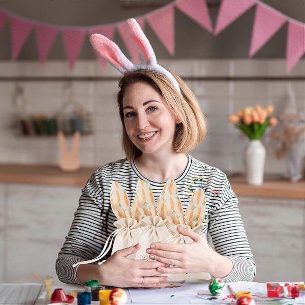 6-pack Kanin Presentpåsar för Påsk & Barnkalas, Kanin Linnepåsar med Dragsko, Baby Shower Favörer, Godispåsar