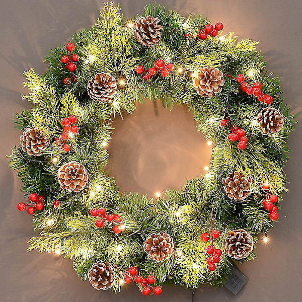 Lysende Kunstig Julekrans Med Snøeffekt, Blandede Pynt Og Forhåndsmonterte Hvite LED-Lys