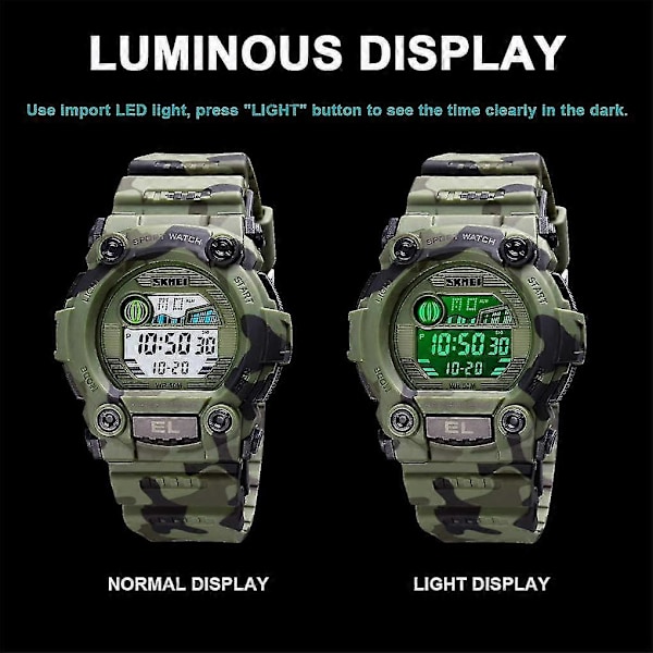 Pojkar Camouflage LED Sport Barnklocka Vattentät Digital Elektronisk Militär Armbandsur för Barn med Lumin