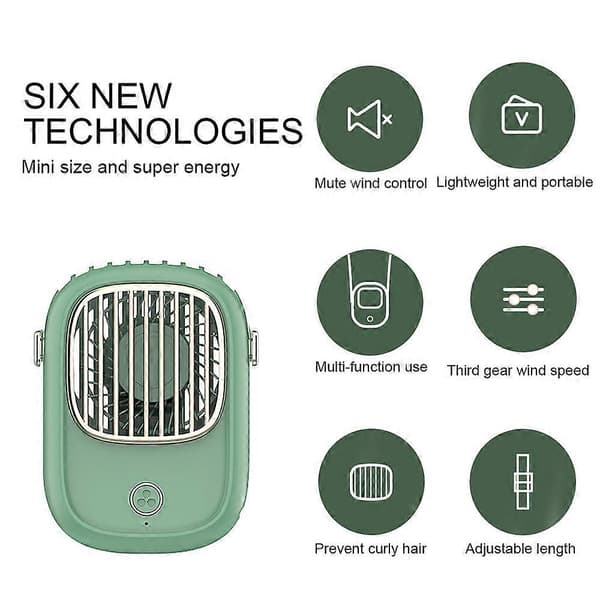 Personlig Halskæde Mini Ventilator Håndfri Bærbar Ventilator USB, Ventilator Håndholdt Ventilator - FARVE: grøn