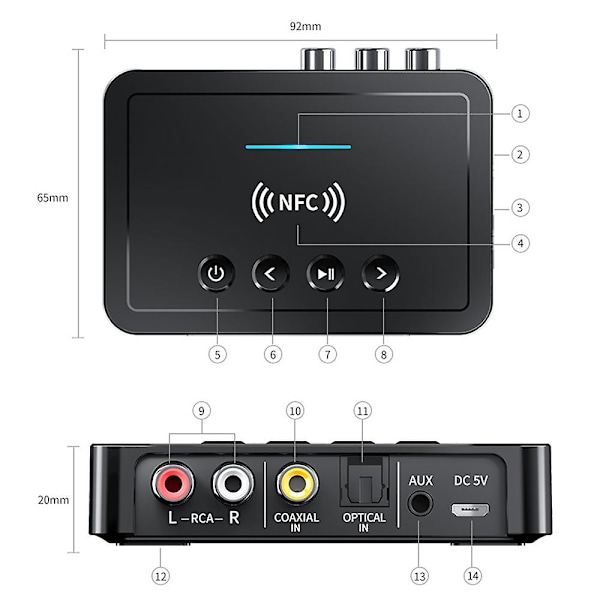 3 i 1 BT 5.0 Sender Mottaker NFC Auto Pairing Bluetooth-kompatibel