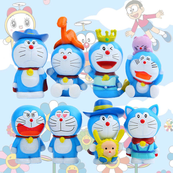 8-pack Söt Statymodell Leksak Rolig Multifunktionell Cartoon Doraemon Actionfigur för Dekoration