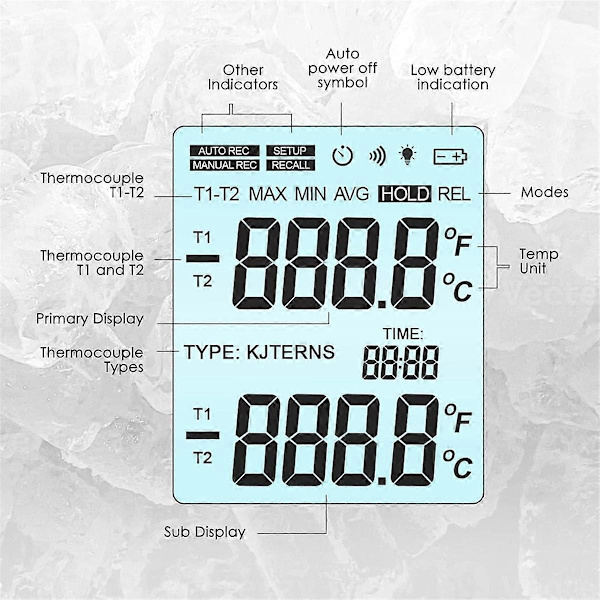 Termoelement Termometer Digital K Type Termometer, med 2 Temperaturklemmer 2 Kablede Termoelementprober