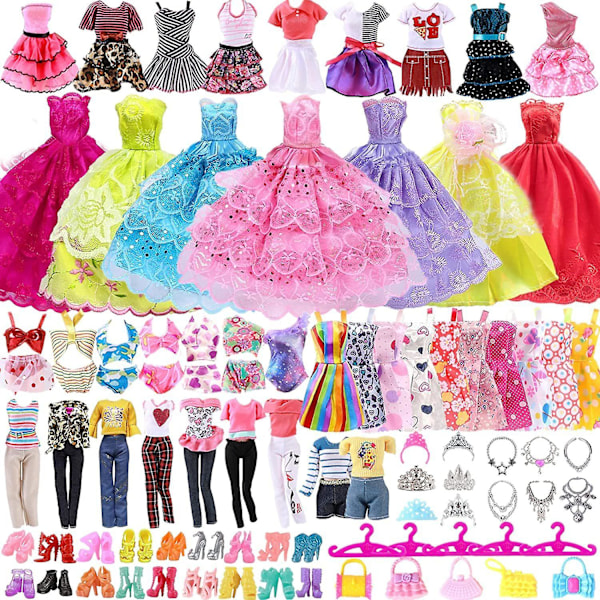 63-dels Barbie Dockkläder Set Tillbehör Klänningar Toppar Byxor Skor Handväskor Badkläder Set för 11,5 Tums Dockor