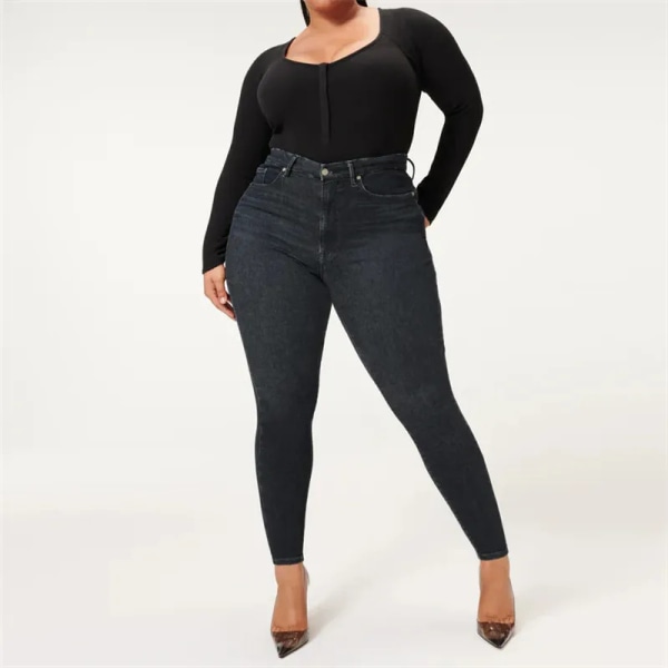 Jeans Plus Size Skinny Jeans til kvinder Mavekontrol numseløftebukser-Sort-L